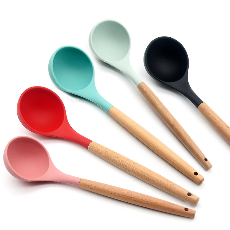 

Heat Resistant Kitchen Tool Silicone Kitchen Soup Ladle with Wood Handle for kitchen silicone soup ladle spoon, Multi colors