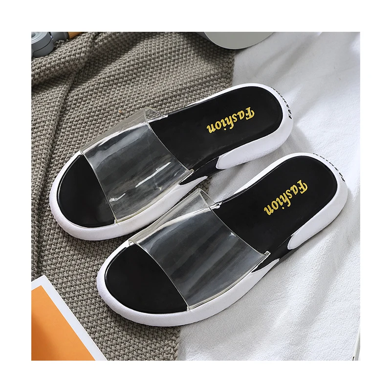 

High Quality Women Summer Beach Slippers Transparent Flat Slides Slippers, As picture