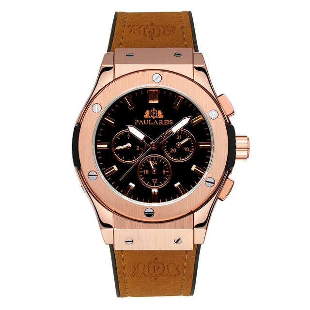 

Paulareis Business Men Automatic Self Wind Mechanical Rose Gold Case Brown Leather Rubber Strap Casual Sports Geneve Watch, 8 colors