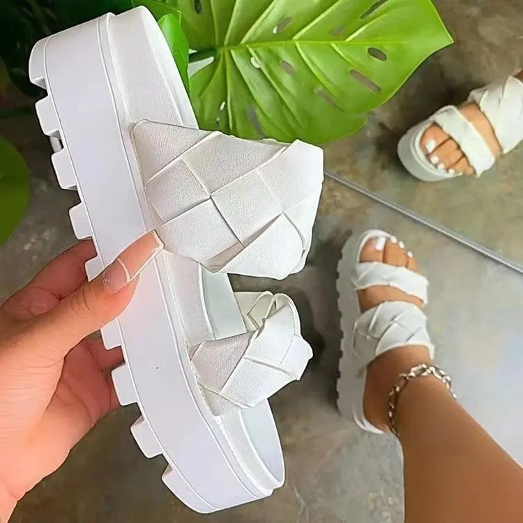 

Woven detail double strap platform slides slippers for summer fashion women round toe wide fit lady mules female sandals