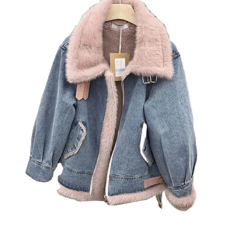 

New Style Chaqueta Vaquera Con Piel Winter Women Denim Jacket Faux Fur Outerwear Thick Warm Coat Jacket Jean Jacket With Fur, Picture