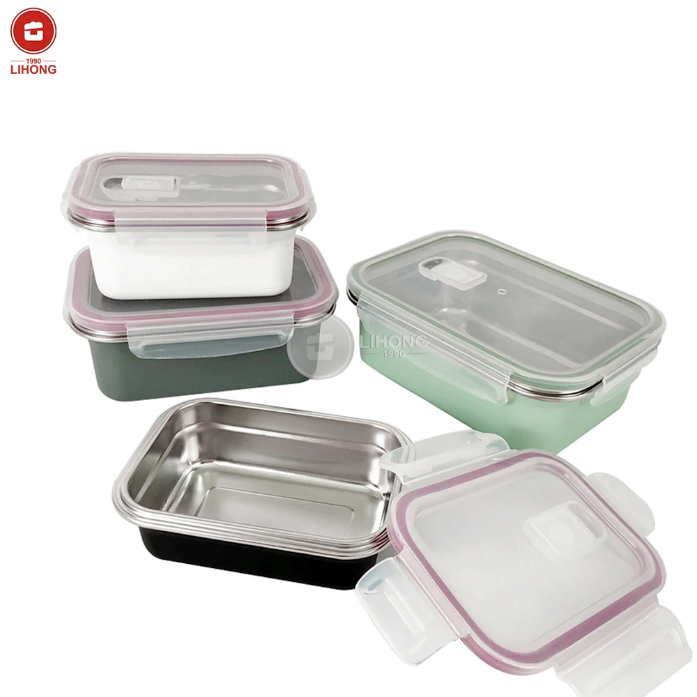 

LIHONG High Quality 304 Stainless steel food storage container Food Grade rectangle Grey Color metal stainless steel lunch box