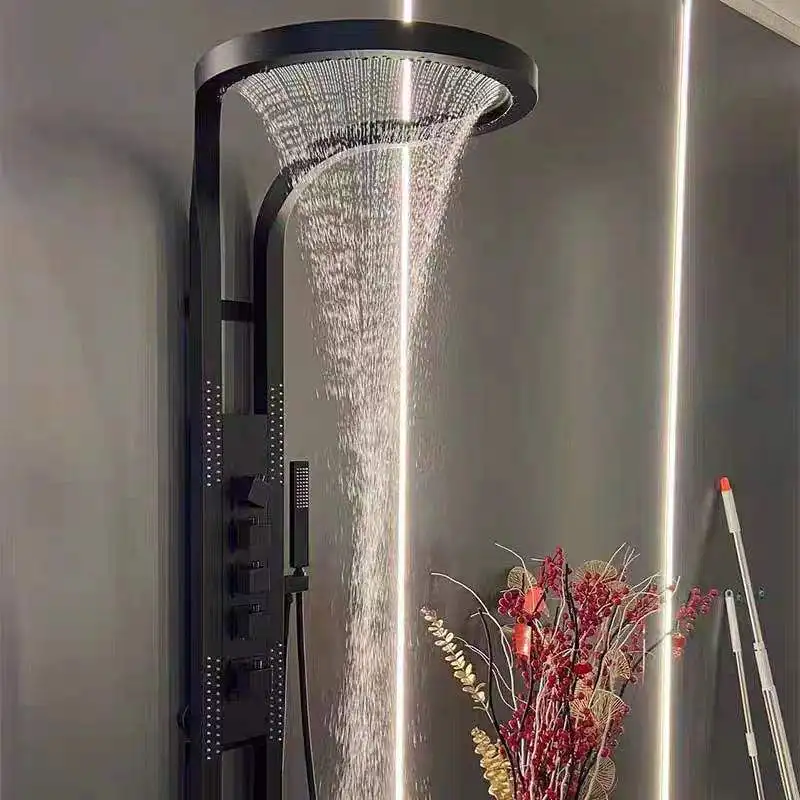 

Tiktok Trend Popular Design Rainfall Waterfall Shower Head Black Brushed Silver Wall Mounted Rain Sprinkler Shower Set Panel