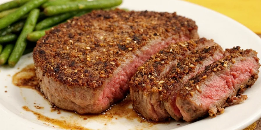 Sesame-crusted steak with rice and vegetables