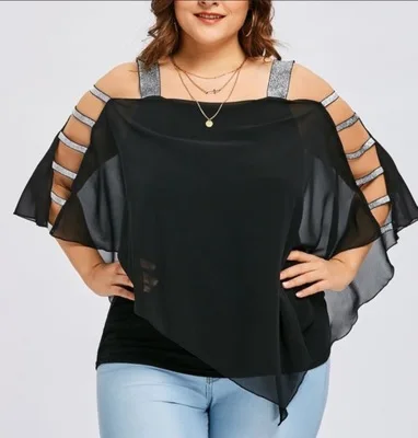 

Sexy Blouse Women Plus Size Blouses Ladder Cut Overlay Tops Asymmetric Strapless Large size Shirt