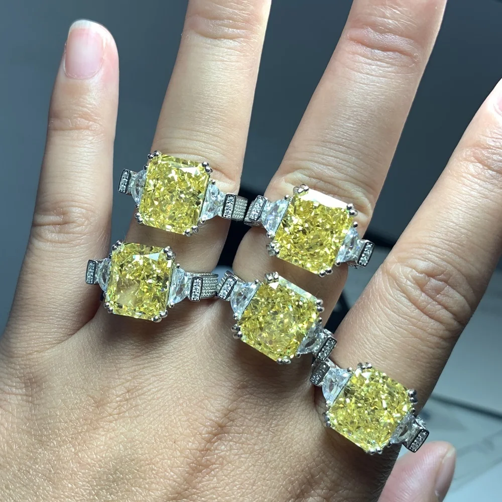 

New Arrival High Carbon Diamond Ring crushed ice Cut Rectangle Big Diamond 925 Sterling Silver Ring Wedding
