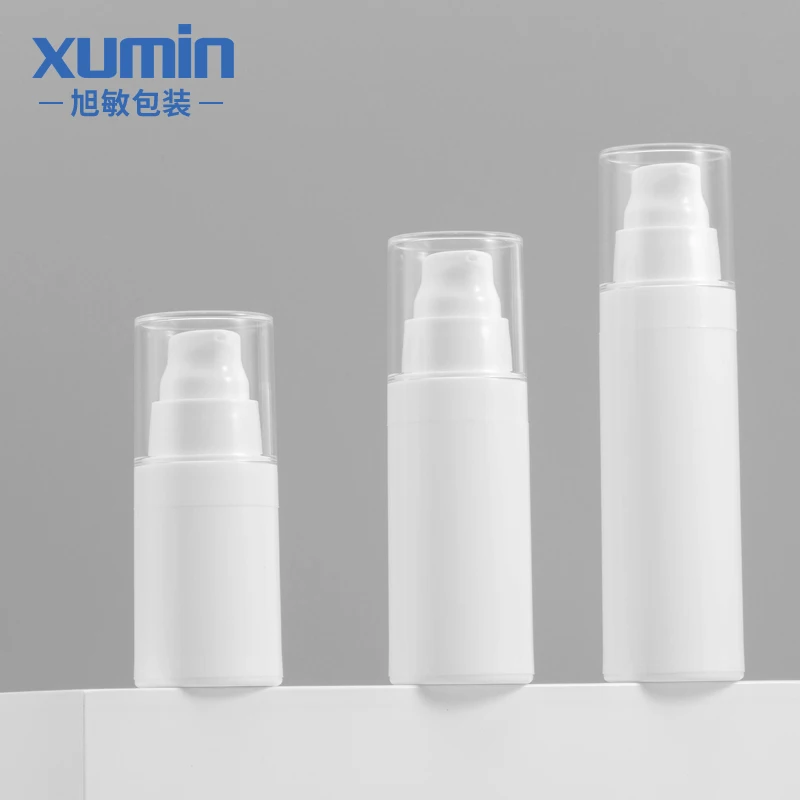 

fashion biodegradable plastic empty bottle airless pump bottles 15ml 30ml 50ml cosmetic clear cap white pp body vacuum use