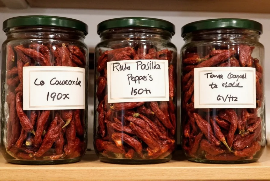Dried chili pasilla peppers stored in glass jars with labels showing dates of storage on a kitchen shelf
