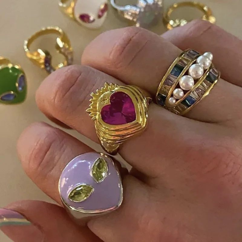 

2022 Fashion Jewelry Candy Color Alien Adjustable Rings Colorful 18k Real Gold Plated Flower Heart Enamel Rings For Women