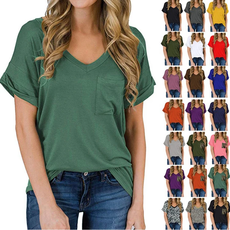 

Amazon top seller women tops V-neck pocket solid color t shirt womens clothing, Customized color/as show