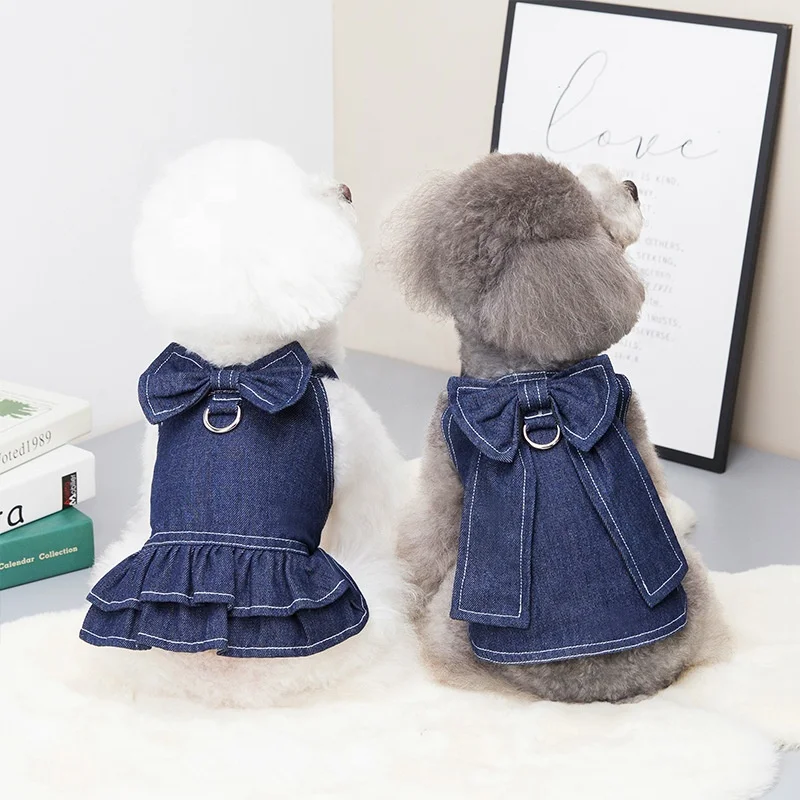 

2022 New Dog Dress Clothes For Dogs Cats Fashion Denim Skirt T Shirt Pet Harness For Small Puppy Princess Costume Pet Supplier