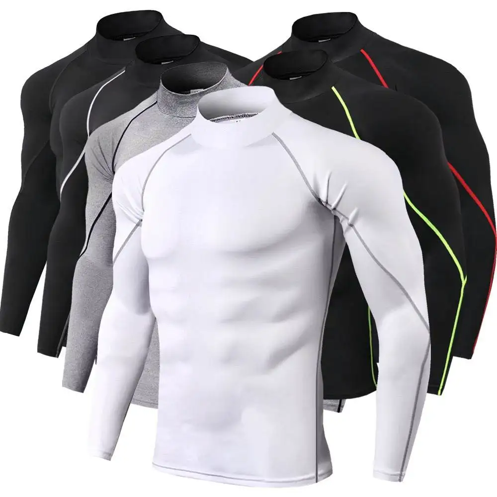 

Custom Logo Men Fast Dry Long Sleeve Gym T Shirts Standing Collar Solid Color Polyester T Shirts For Men, Customized colors t-shirts for men long sleeve