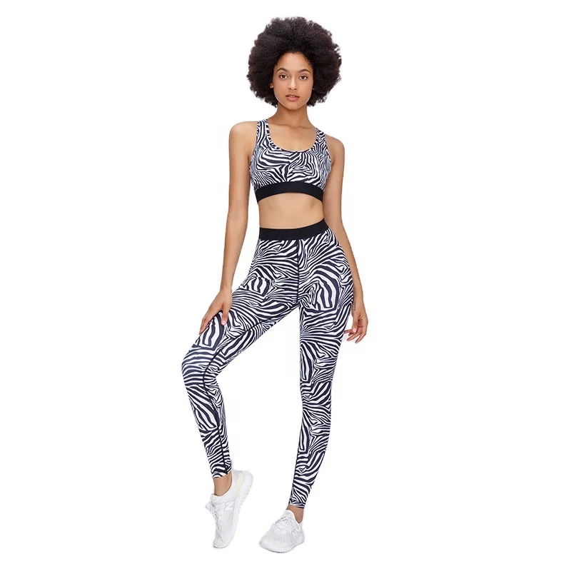 

Hot Sale High Quality 2 Pieces Zebra Pattern Sports Bra Top with Leggings Tights Pants Yoga Workout Set