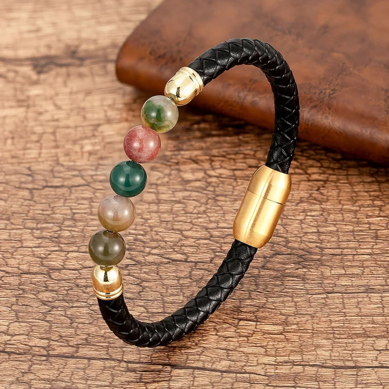 

Newly Arrived 19cm 21cm 23cm Leather Bracelet Natural Stone Stainless Steel Buckle Healing Woven Leather Rope Bracelet