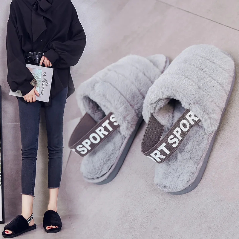 

Women House Slippers Warm Faux Fur Ladies Cross Soft Plush Furry Female Open Toe Slides Fashion Shoes Platform Sandals Women