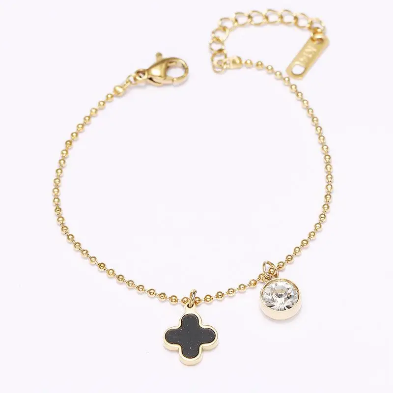 

14K Gold Plated Bead Chain Stainless Steel Black Clover Zircon Pendant Adjustable Bracelet