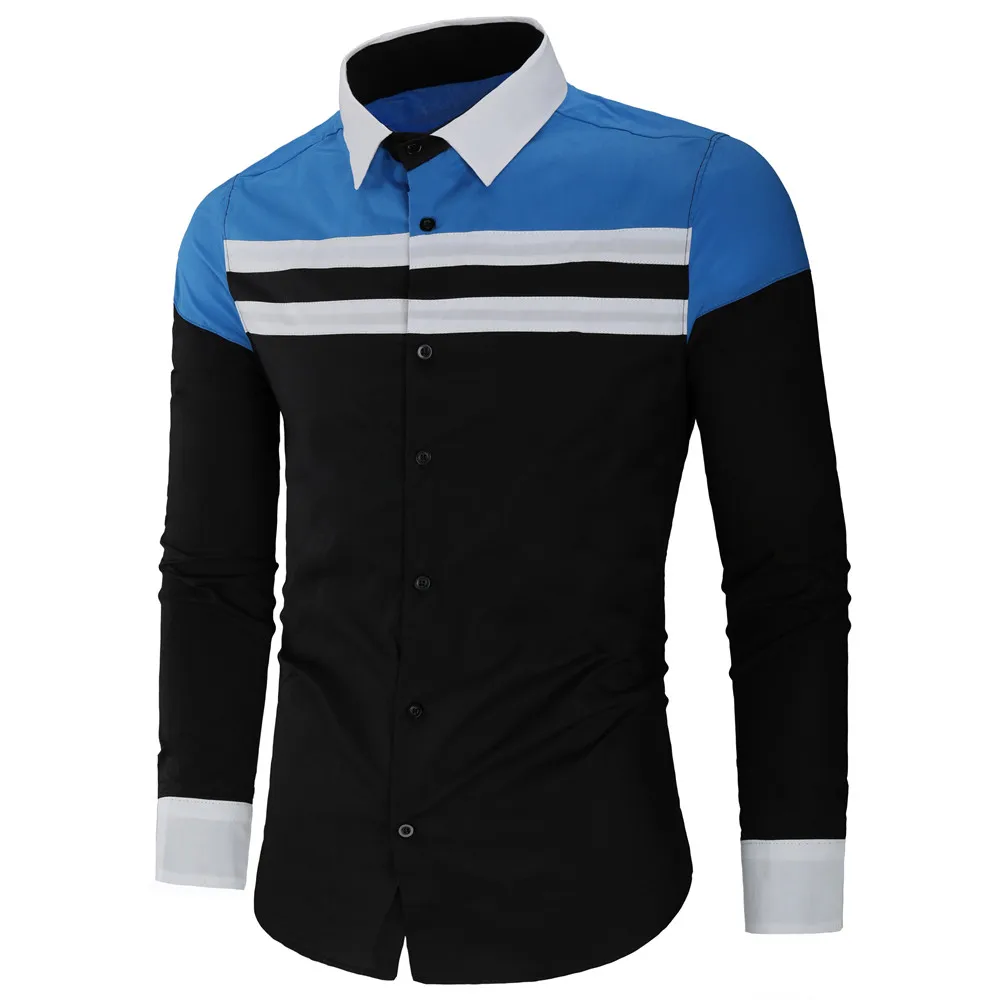 Free Shipping 2019 Latest Men's Clothing Slim Fit Long Sleeve Contrast Color Striped Block Men's Casual Shirt
