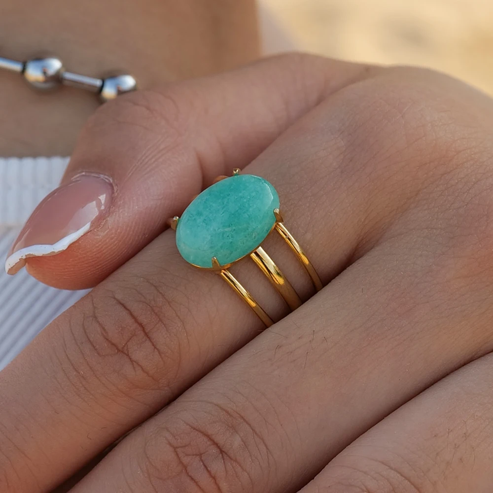 

Waterproof 18K Gold-plated Stainless Steel Fashion Jewelry Natural Stone Oval Amazonite Ring For Women