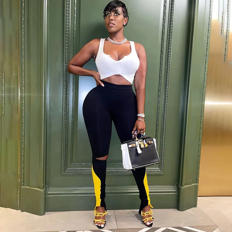 

K21PT555 women's Trousers 2021 fall new clashing color knee holes hollow sports pants fitness leggings