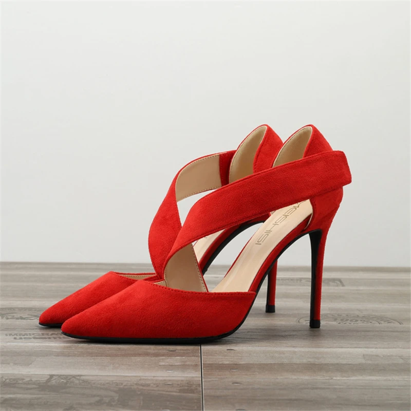 

Suede Strapwrapped High Heels Women 2020 Beige Black Red Large Size 43 44 45 46 Thin Heeled Shoes Women Pumps Wedding Shoes