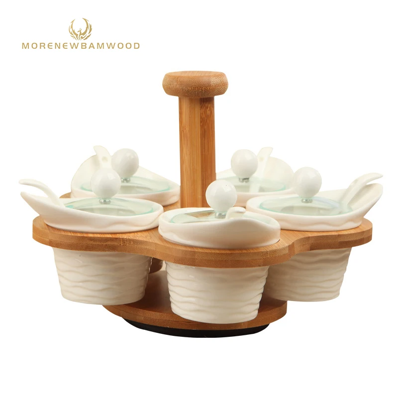 

Amazon hot sellers ceramic seasoning can set with bamboo rotating bracket, Rotatable ceramic seasoning can