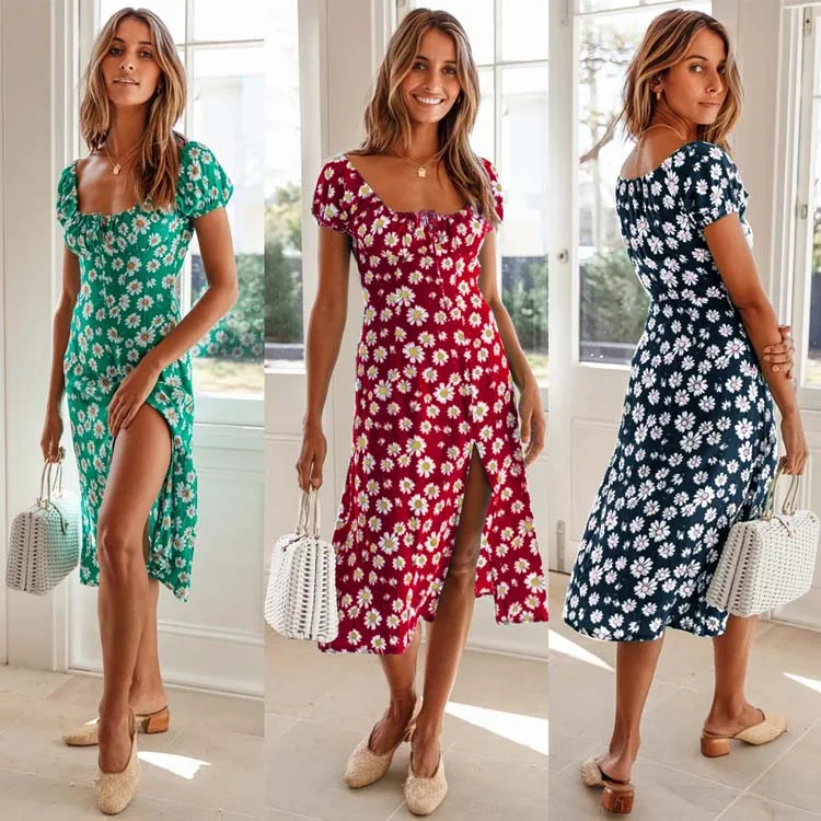 

2021 Fashion Custom Logo Women summer short sleeve drawstring bohemian floral print slip dresses for women
