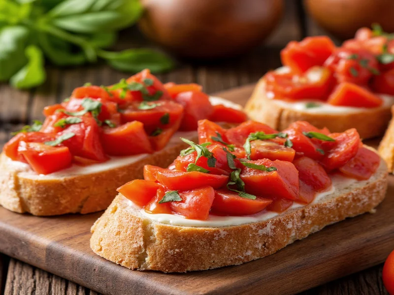 Fresh tomato bruschetta on rustic bread platter