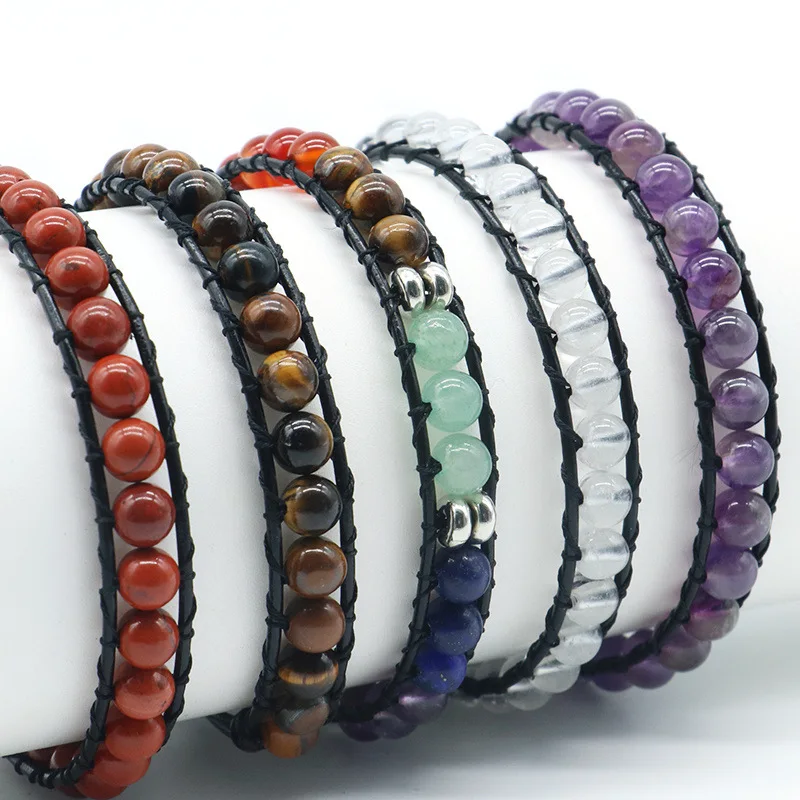 

Hot Selling Hand Woven 6mm Colorful Natural Chakra Crystal Stone Beaded And Leather Wrap Bracelet Yoga Jewelry