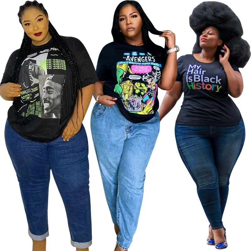 

In Stock hot selling Print black 5XL T-shirt summer fashion casual loose shirt for women and girl, Light blue,dark blue, gray color,customized color