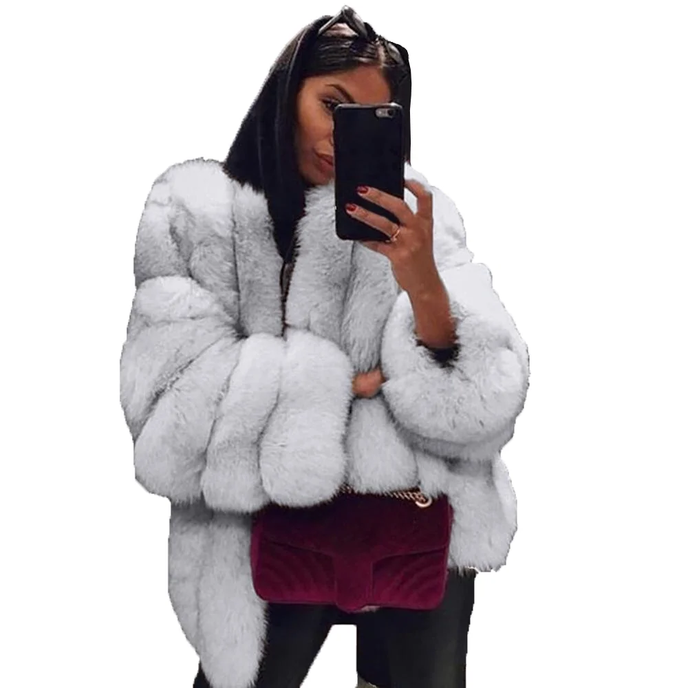 

HONGNUO Wholesale New Fashion Ladies Winter Fur Coats Women Faux Fox Fur Coats, Light gray/brown/coffee/gray/black/pink/sliver