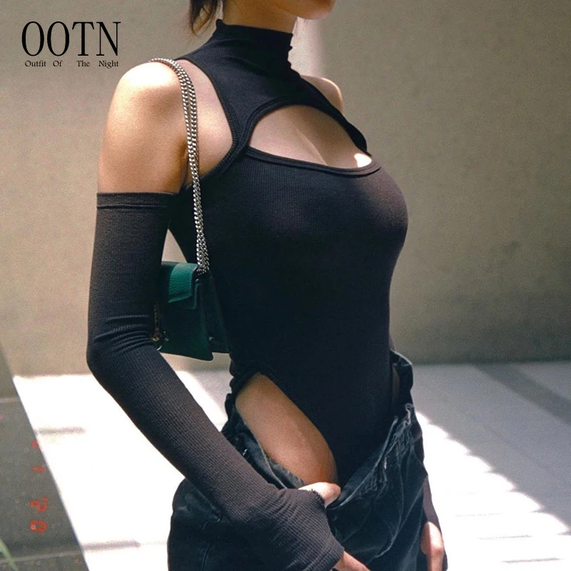 

OOTN Woman Black Plain Turtleneck Bodies Mujer Shirt Autumn Winter Long Sleeve Bodycon Bodysuits 2021Cut Out Sexy Bodysuit