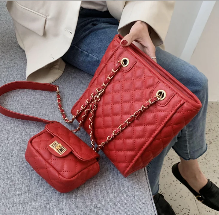 

2020 Stylish New Fashion Quilted Handbags With Woven Chain Handles Ladies 2 piece a set Bags wholesale for All Season, Black red, brown 3 colors