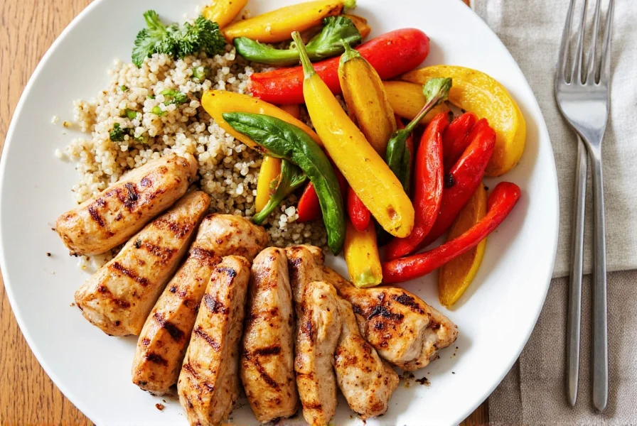 Colorful diabetes-friendly meal featuring grilled chicken with chili seasoning, roasted vegetables, and quinoa