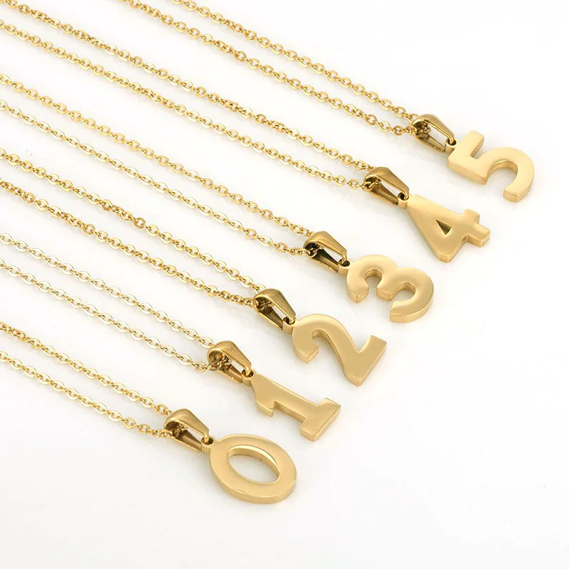 

316L Stainless Steel Jewelry Gold Color High Polishing Lucky Number Necklace Pendant 0-9 Sporty Number Pendant Necklace