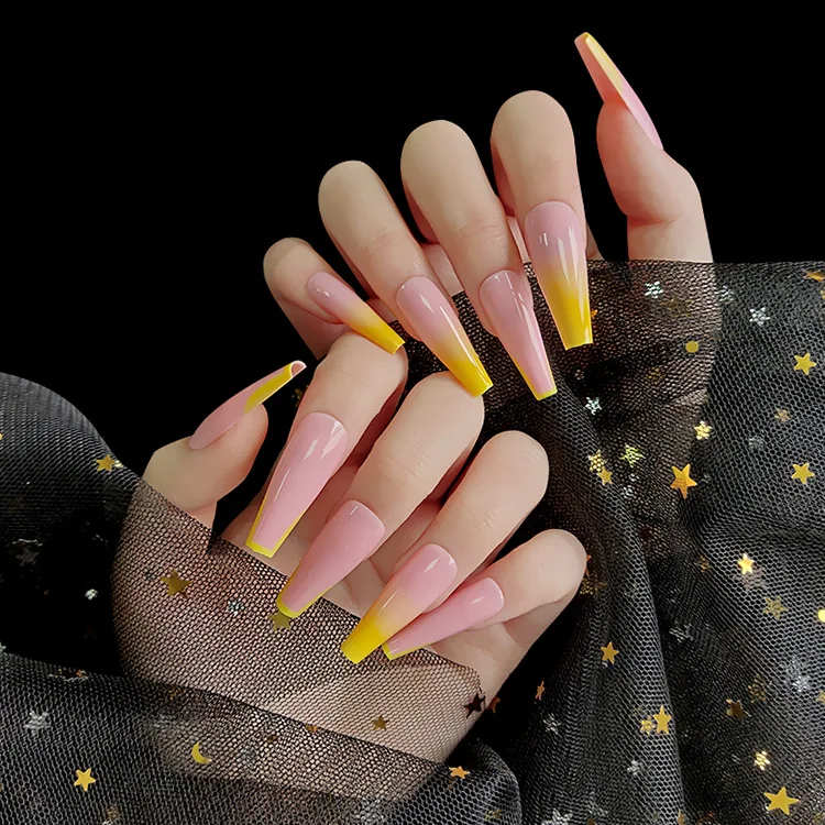 

Super Long pink yellow ombre Ballerina press on nails long coffin with packaging boxes press on nails