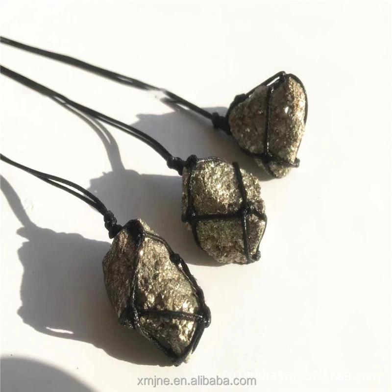 

Natural Pyrite Rough Pendant Pyrite Rough Hemp Rope Braided Wrapped Necklace