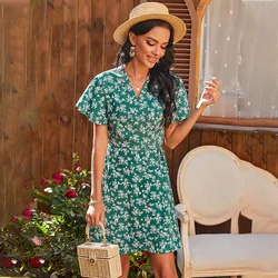

Wholesale Hot-selling New Product Waist Tie V-neck Skirt Vacation Short-sleeved Printed Womens Dress