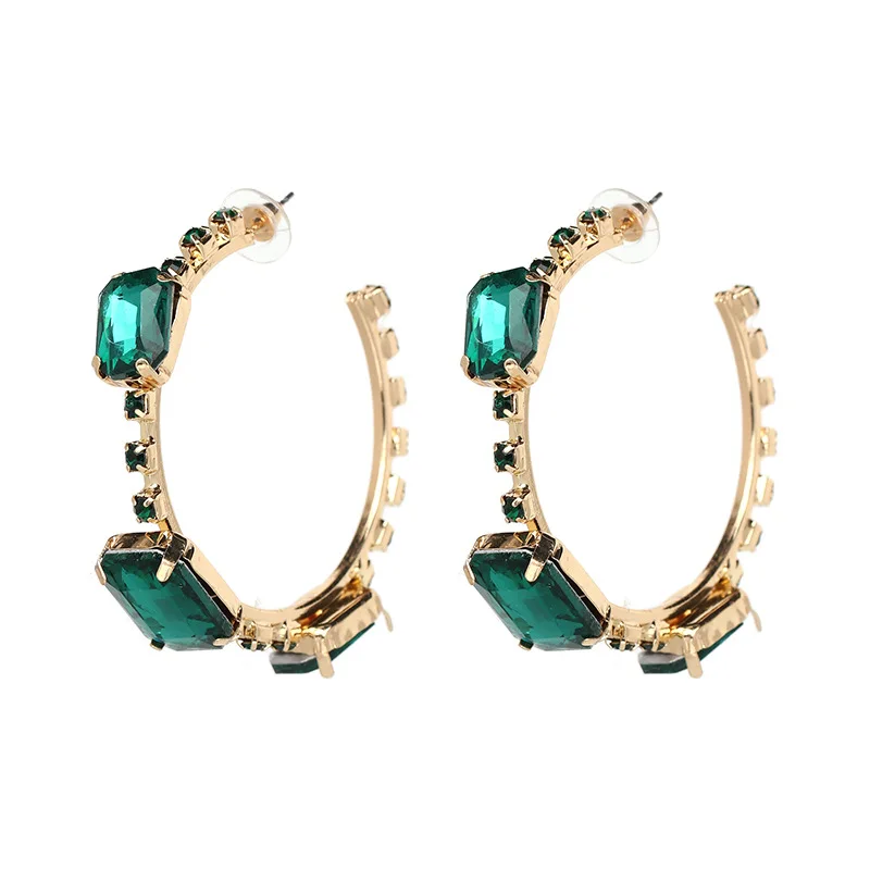 

Europe Vintage Gold 6cm C Shape Emerald Circle Hoop Earrings Green Rhinestone Hoop Earrings, 18k gold