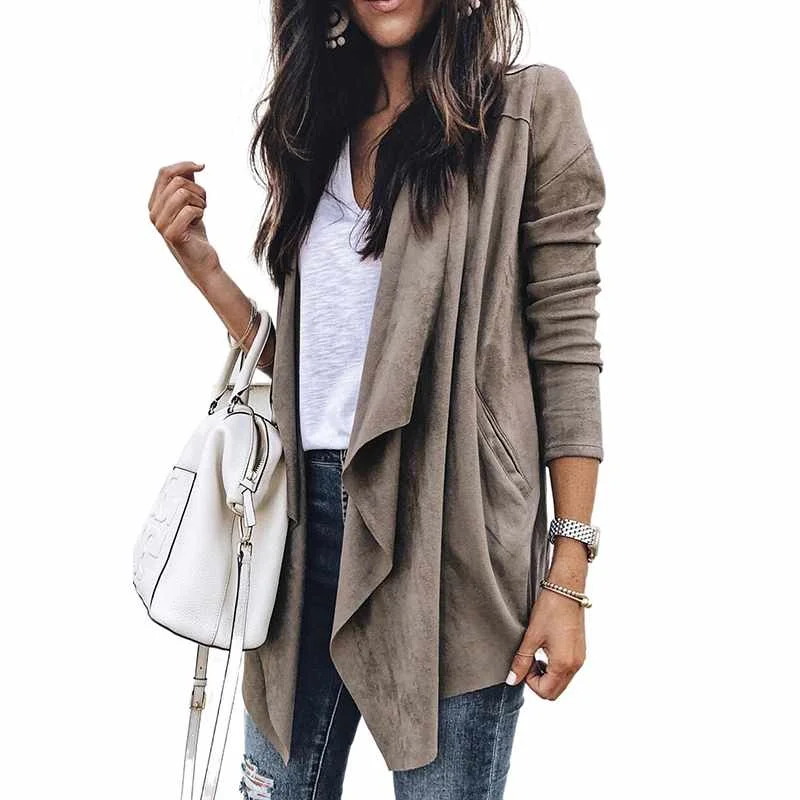 

Hot New Products Autumn Winter Suede Draped Knitted Pockets Women Coats