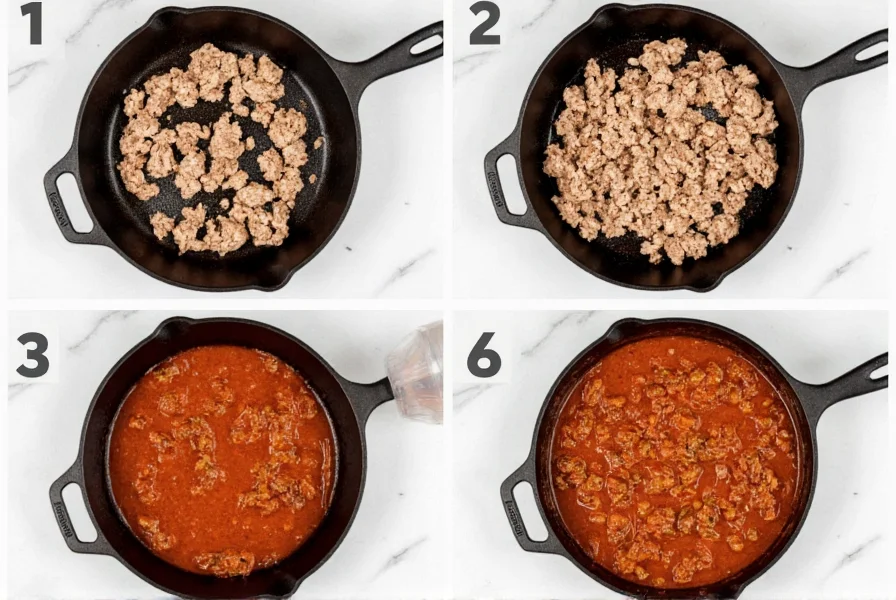 Step-by-step preparation of simple turkey chili recipe showing browning ground turkey in cast iron pot
