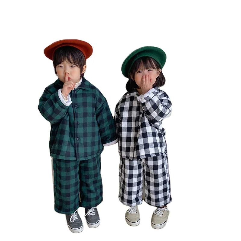 

Turn-down collar kids plaid coats and pants baby girls' and boy's fleece clothing sets kids winter clothes suis, As picture