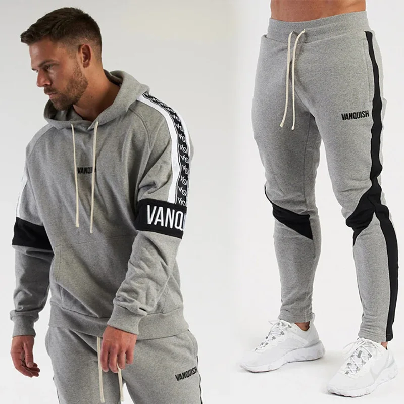 

Muscle Brothers cross border spring and autumn sports leisure suit men's fitness hooded hoodie slim trousers two piece set, Picture