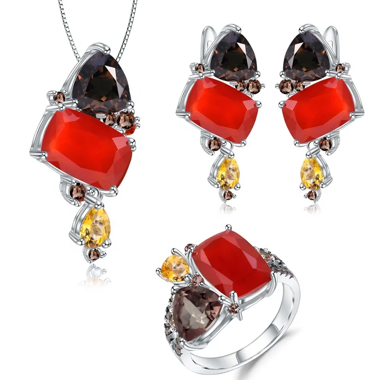 

Abiding Pendant Necklace Ring Earring Sets Natural Smoky Quartz Carnalian Women 925 Sterling Silver Bridal Jewelry Sets