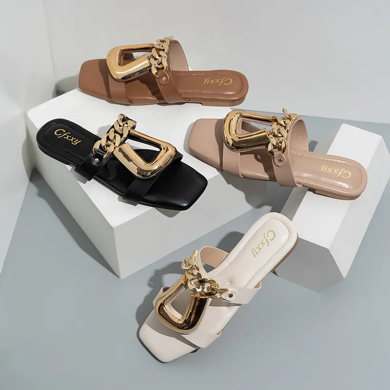 

Female slipper personality chain U buckle fashion square toe outer wear leather sandals for women, Black ,beige,white,brown