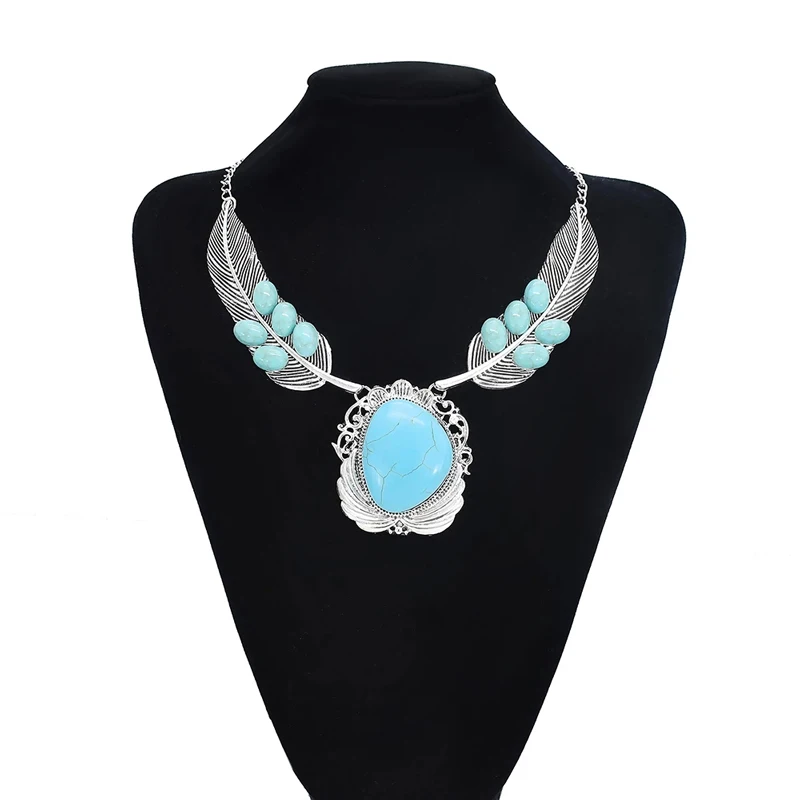 

Fashion Ethnic Vintage Pendant Necklace Alloy Metal Vintage Turquoise Stone Necklaces Jewelry, Silver
