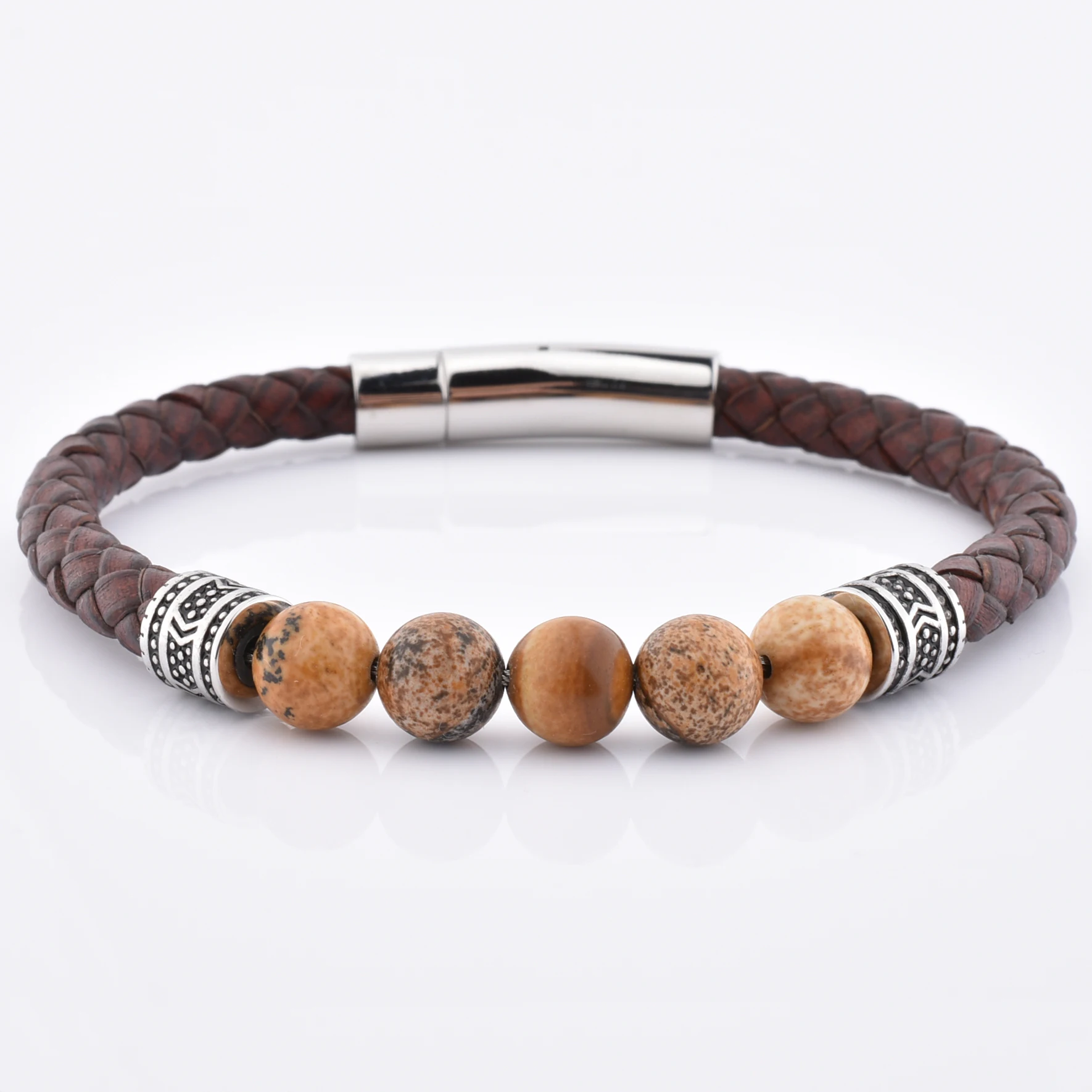 

Men's Popular Personalised Wood Stone Stainless Steel Leather Bracelet For Men