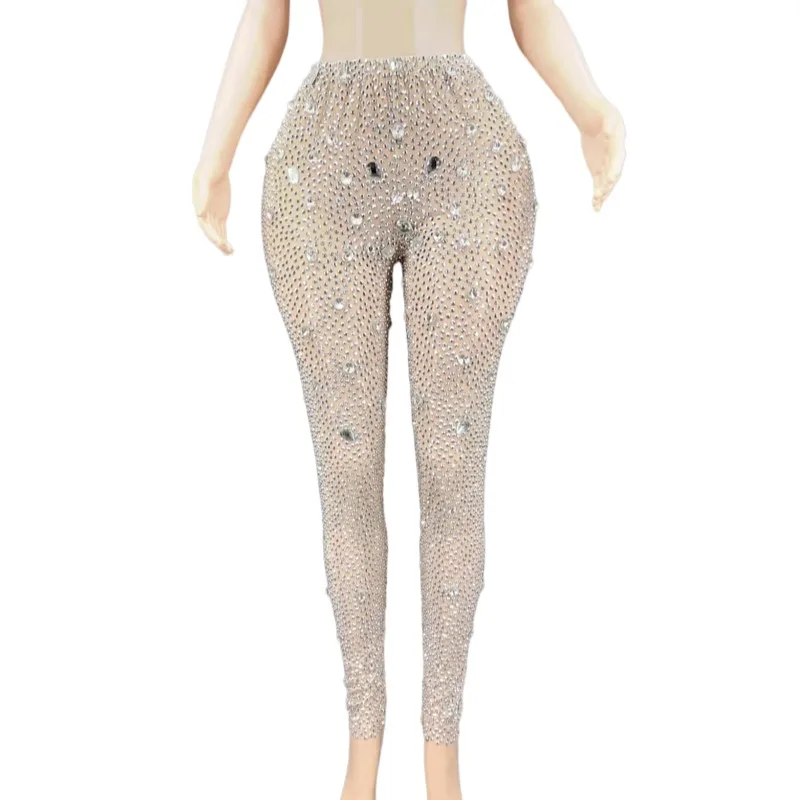 

Sparkly Ladies Sexy Stretch Bodycon Rhinestones Trousers Women Crystal Pants Club Party Prom Pants Jazz Dance Stage Costume, Nude