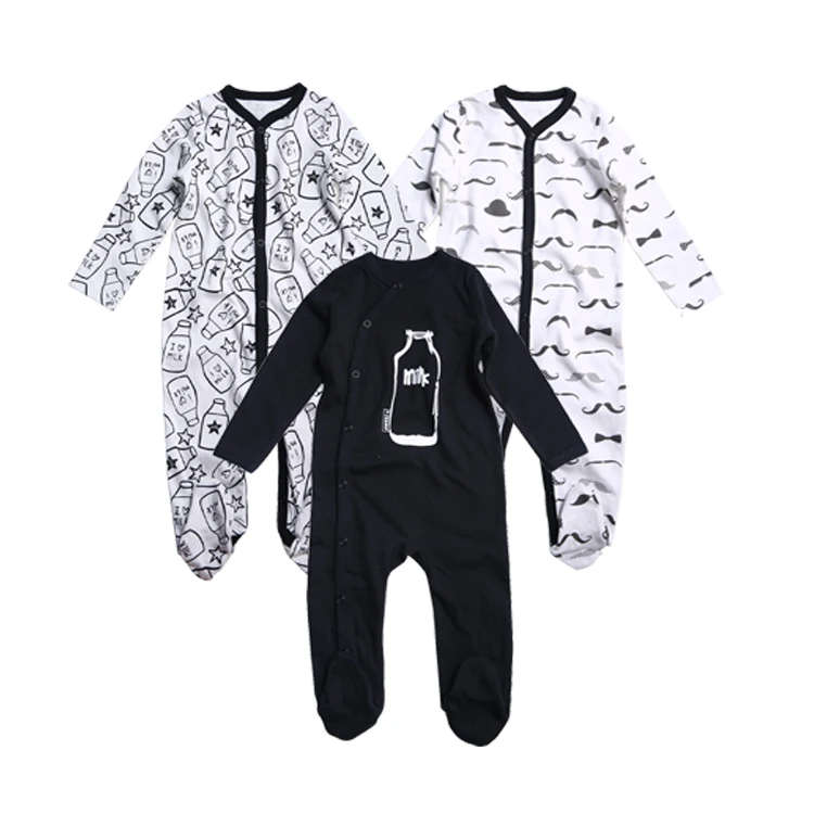 

RTS Custom Toddler Boys Girls' 100% Cotton Printing Jumpsuit Clothes Baby Boys' Rompers footed baby pajamas, Beard printed, black,feeding bottle printed