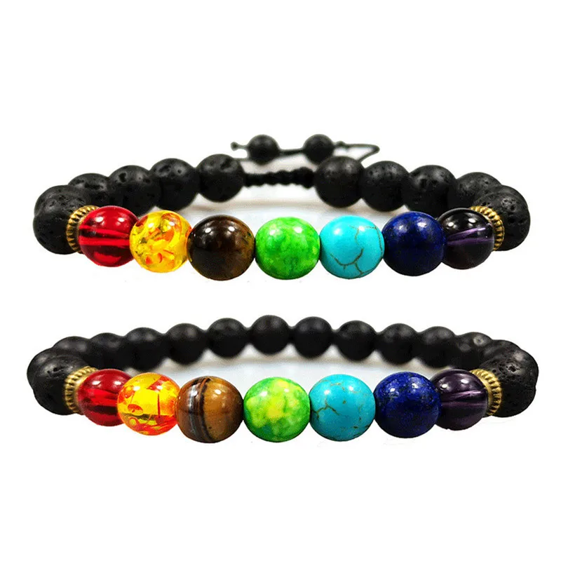

Healing Energy Jewelry Yoga 7 Chakra Beads Bracelet Colorful Natural Volcanic Lava Tiger Eye Stone Bangle Bracelet