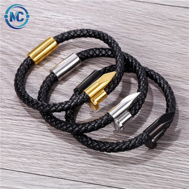 

2021 316L Stainless steel nail bracelet woven leather genuine black leather punk men